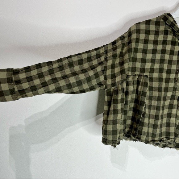 Free People Plaid Checker Hooded Cropped Long Sleeves Green Oversized Top Rare - Picture 5 of 7